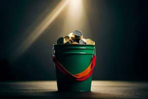 a bucket filled with coins on a dark table. AI-Generated photo