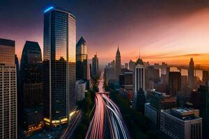 the city skyline at sunset with traffic lights. AI-Generated photo