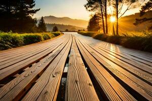 a wooden boardwalk is shown at sunset. AI-Generated photo