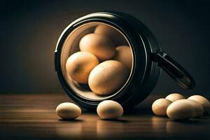 eggs in a pot on a table. AI-Generated photo