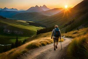 un caminante camina a lo largo un sendero en el montañas. generado por ai foto