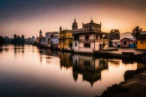 the sun sets over a river in india. AI-Generated photo