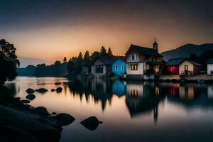 un casa es reflejado en el agua a puesta de sol. generado por ai foto