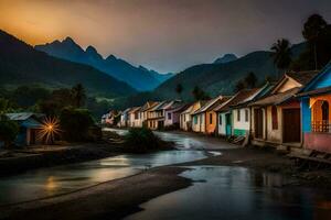 un río carreras mediante un pueblo a puesta de sol. generado por ai foto