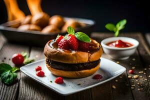a hamburger with strawberries and sauce on a plate. AI-Generated photo
