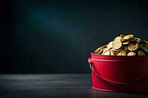 a bucket filled with gold coins on a dark table. AI-Generated photo