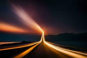 un largo exposición fotografía de un puente a noche. generado por ai foto