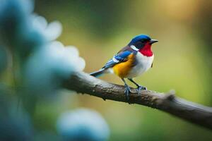 a colorful bird sits on a branch. AI-Generated photo
