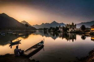 a man sits on a boat in front of a lake at sunset. AI-Generated photo