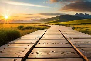 the wooden walkway in the middle of the field. AI-Generated photo