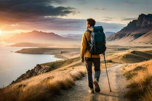 un hombre con un mochila y emigrar polos camina a lo largo un camino en el montañas. generado por ai foto