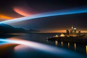 el ciudad luces son reflejado en el agua. generado por ai foto