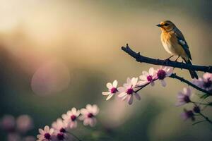 a bird is perched on a branch with pink flowers. AI-Generated photo