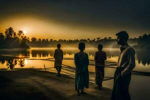 silhouettes of people standing on the shore of a river at sunset. AI-Generated photo