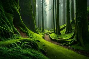 a path through a green forest with mossy trees. AI-Generated photo