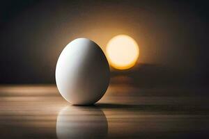 an egg sitting on a table with a light behind it. AI-Generated photo