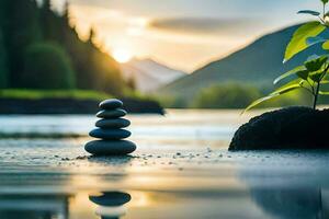 stacked stones in the water at sunset. AI-Generated photo