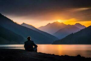 a man sitting on the edge of a lake at sunset. AI-Generated photo