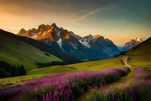 the road to the mountains, flowers, mountains, hd wallpaper. AI-Generated photo