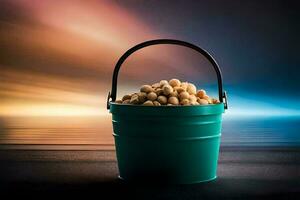 a bucket of peanuts on the beach. AI-Generated photo