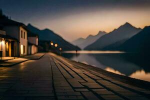 un calle en frente de un lago a puesta de sol. generado por ai foto