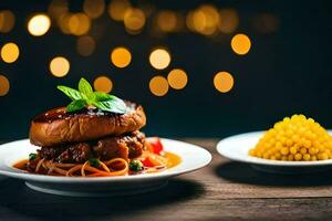 un plato con un hamburguesa y maíz en un mesa. generado por ai foto