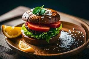 a hamburger with tomatoes and lettuce on a wooden plate. AI-Generated photo