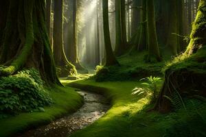 a stream runs through a forest with green trees. AI-Generated photo