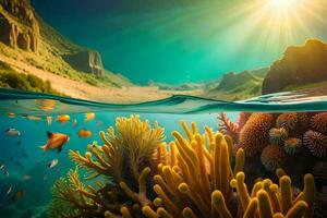 the sun shines over a coral reef and fish. AI-Generated photo