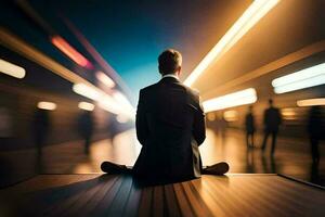 a man in a suit sitting on the floor in front of a train. AI-Generated photo