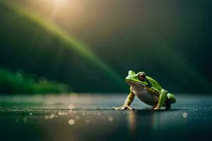 a frog sitting on the ground in front of a green background. AI-Generated photo