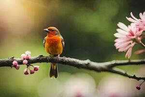 a bird sits on a branch with pink flowers. AI-Generated photo