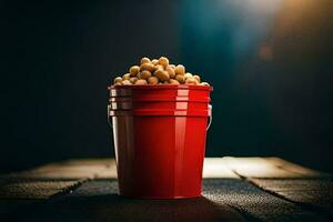 a red bucket filled with peanuts on a wooden table. AI-Generated photo