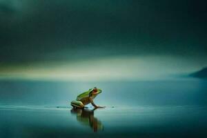 a frog sitting on the edge of the water. AI-Generated photo