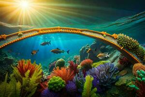 the bridge over the ocean with colorful coral and fish. AI-Generated photo