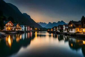 houses on the water at dusk in the mountains. AI-Generated photo