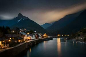 foto fondo de pantalla el cielo, montañas, río, noche, el aldea, el montañas, el aldea. generado por ai