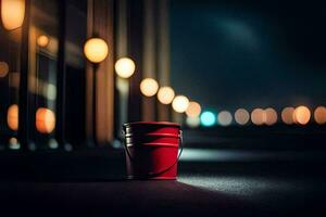 a red bucket sitting on the ground in front of a building. AI-Generated photo