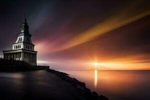 a lighthouse stands in the middle of a lake at sunset. AI-Generated photo