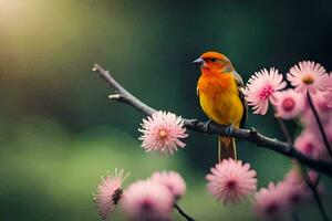 un pájaro se sienta en un rama con rosado flores generado por ai foto