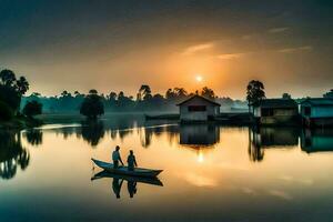 two people in a boat on a lake at sunset. AI-Generated photo