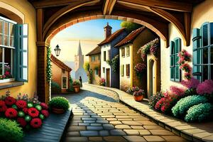 a painting of a street with flowers and flowers. AI-Generated photo