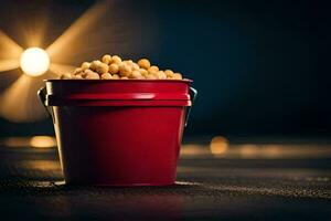 a red bucket filled with peanuts on a dark table. AI-Generated photo