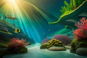 a scene of an underwater world with coral reefs and fish. AI-Generated photo