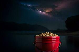 a bucket full of peanuts on a lake at night. AI-Generated photo