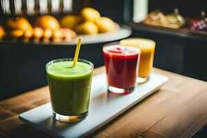 three different types of smoothies on a wooden tray. AI-Generated photo