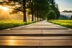 a wooden walkway leads to a grassy field at sunset. AI-Generated photo