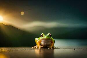 a frog sitting on the ground in front of a sunset. AI-Generated photo