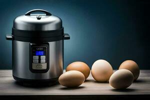 an electric pressure cooker with eggs on a table. AI-Generated photo