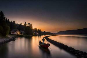 a boat is sitting on the shore at sunset. AI-Generated photo